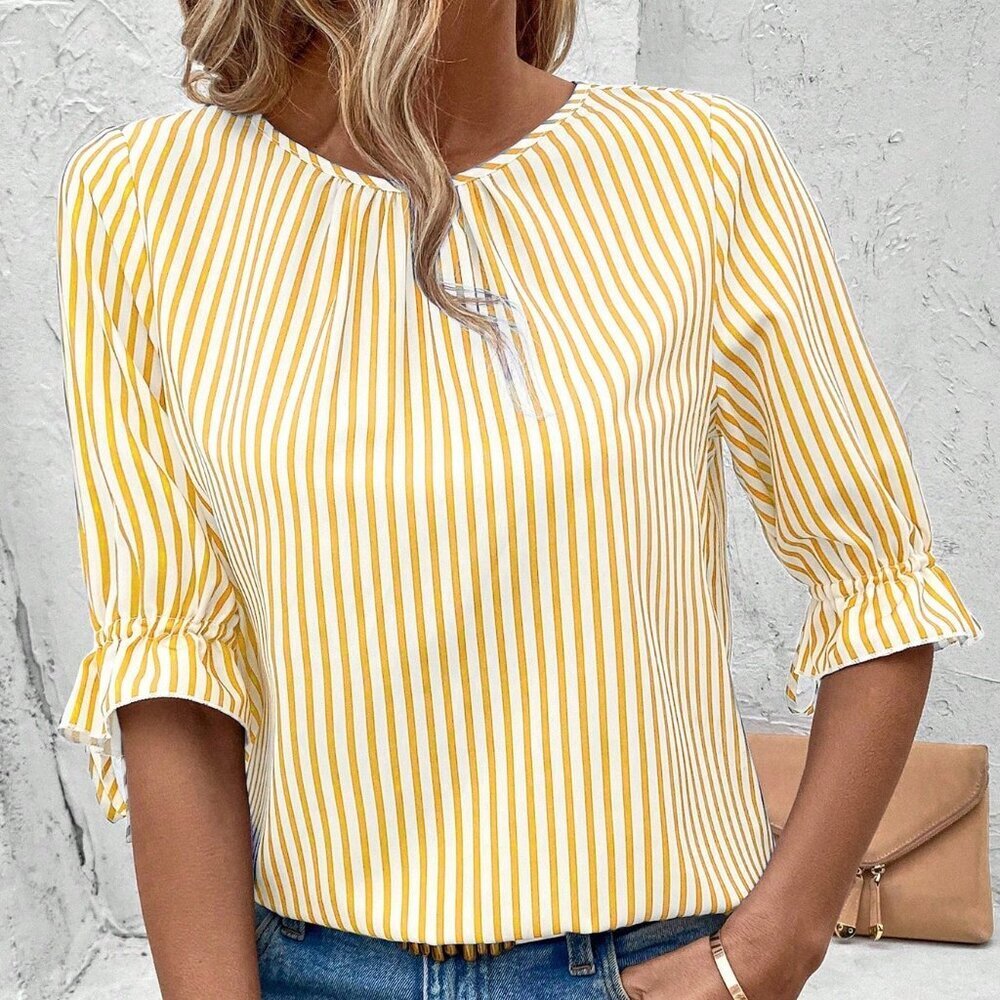 Yellow Casual Women's Striped Button Back Detail Shirt - Picture 5 of 5
